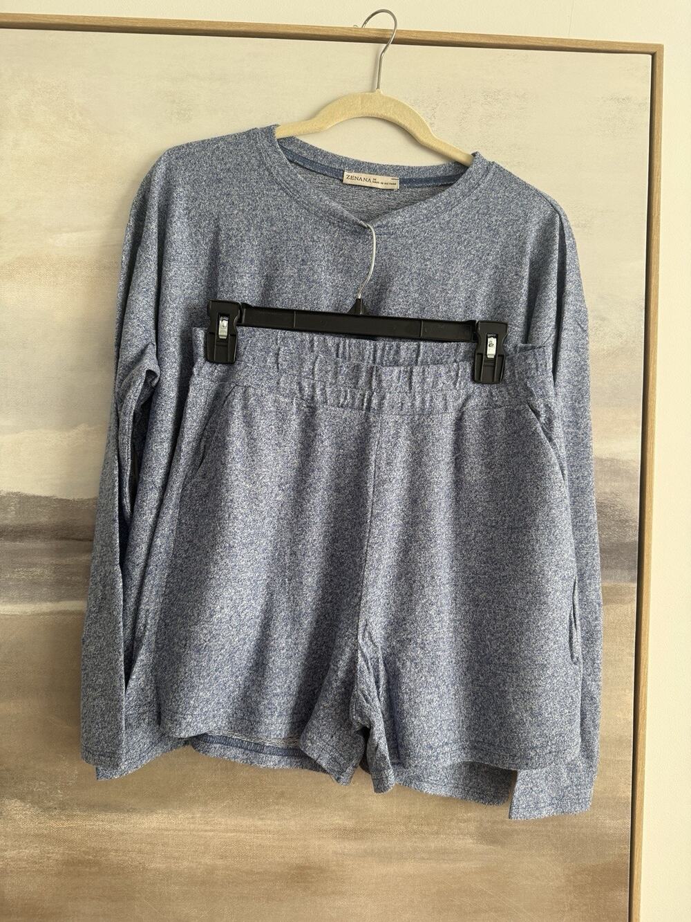 Zenana Soft Melange Long Sleeve Tee & Shorts Set Navy Medium